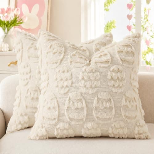 decorUhome Beige Faux Fur Egg Throw Pillow Covers 20x20 Set of 2