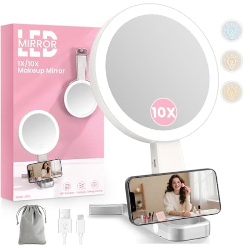 Makeup Mirror with Lights, 10X /1X Double-Sided Lighted Makeup Mirror with Magnification, Rechargeable Magnifying Mirror with 3 Color Lights, Portable Make up Mirror 3 in 1 Tabletop/Handheld/Hanging - Image 1