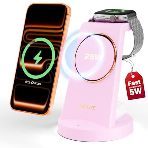 3 in 1 Fast Charging Station for iPhone, 25W Wireless Magnetic Phone Charger for iPhone 17 16e 16 15 14 13 12 Serise, Watch Charger Stand, Wireless Charging Station for AirPods 4 3 Pro, Pink - Image 1