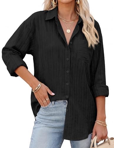 GRACE KARIN Women's 2026 Cotton Button Down Blouses, Dressy Casual Long Sleeve Shirts, Trendy Summer Collared Work Tops Black XL - Image 1