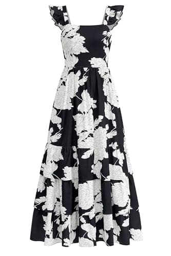 dowerme Summer Dresses for Women 2026 Casual Ruffle Smocked Tiered A-Line Boho Floral Maxi Beach Sun Dress with Pockets(Black White Flower,Medium) - Image 1