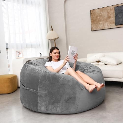 WFJOPR 6FT Oversize Bean Bag Chair Cover, Soft Faux Fur Lazy Sofa Cover with Double Zipper, Stain-Resistant Machine Washable Bean Bag Case for Adults Kids, Living Room Gaming Room, No Filler, Grey - Image 1