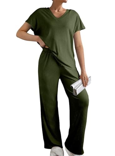 SHEWIN Womens Pajama Sets Short Sleeve 2 Piece Outfits V-neck Lounge Set Ribbed Knit Causal Sweatsuits Spring Clothes for Women 2026, Green S - Image 1