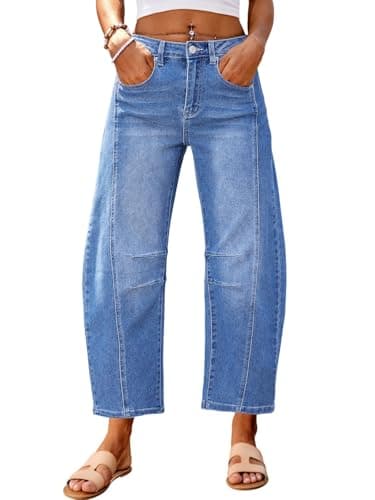Genleck Barrel Jeans Women Wide Leg Cropped Jeans High Waisted Baggy Boyfriend Mom Denim Ankle Pants with Pockets(Medium Blue,10) - Image 1