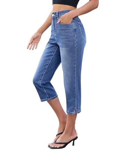 luvamia Women Jean Capris for Summer Stretch Jeans for Women Ladies Capri Pants Classic Blue Large Fits Size 12-14 - Image 1