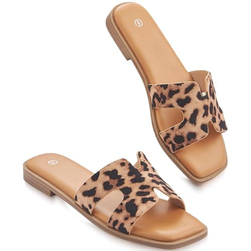 KENMITDY Sandals for Womens Slip On Fashion Flat Sandals Soft Memory Foam Slides Comfortable Leather Open Toe Slide Summer Dressy Leopard Size 11 - Image 1