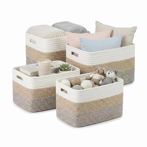 LskoYtsa 4 sets of hand-woven cotton rope storage boxes, suitable for toys, books, clothes, bathrooms, and car trunks used for organizing and decoration, Two 16x14x7 in and two 14x10x7 in - Image 1