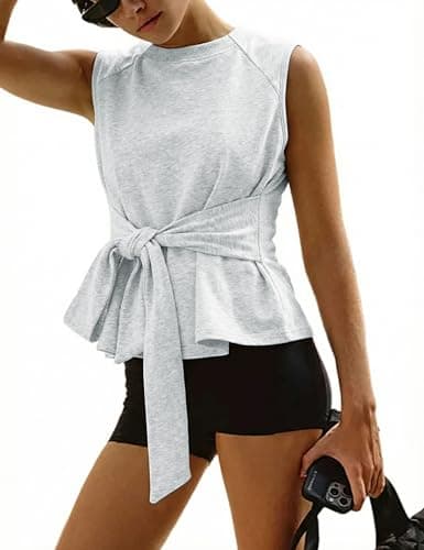 Zhiyouni Women's Summer Sleevesless Tops Vest Sweatshirt Workout Crewneck Tie Knot Wrap T Shirt Tee(LightGrey-XL) - Image 1