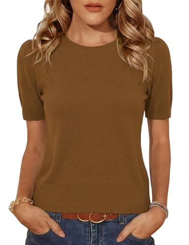 Totatuit Dressy Wool Sweaters for Women Puff Sleeve Round Neck Blouse Crop Work Tee Shirt Light Coffee M - Image 1