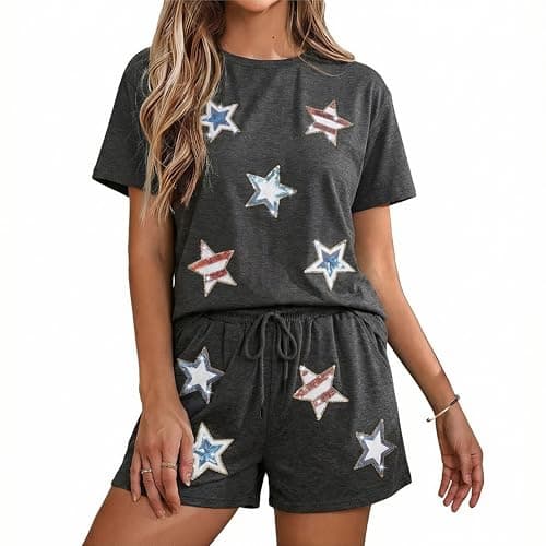 MYHALF 4th of July Sets for Women Sequin Star Graphic Shirt and Shorts Patriotic Outfits 2 Piece Short Sleeve Lounge Set - Image 1