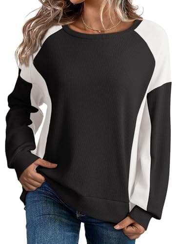 Dokotoo Plus Size Oversized Sweatshirt for Women Waffle Knit Patchwork Color Block Crew Neck Long Sleeve Casual Loose Fit Cute Lightweight Soft Pullover Sweatshirts Tops Fashion 2024 Black X-Large - Image 1