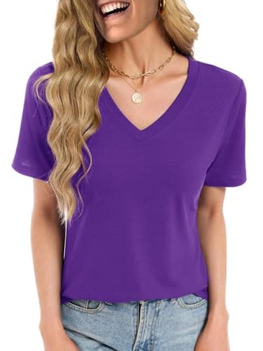 Womens Short Sleeve Tops T Shirts Summer T Shirts V Neck Loose Fit Blouses Plus Size Tunic Vacation Boho Outfits, Dark Purple M - Image 1