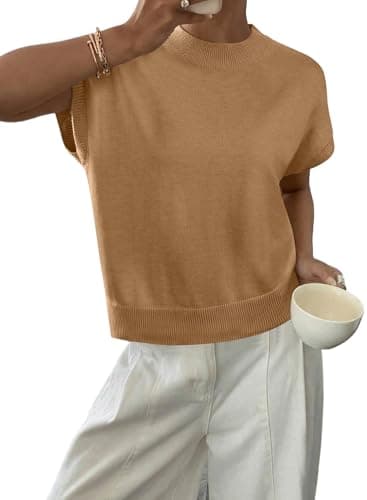 BLENCOT Women's Sweater Vest Ribbed Pullover Knit Tank Top Round Neck Cap Sleeve Loose Fit Summer Casual Clothes Camel XL - Image 1