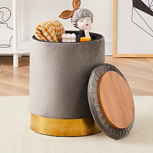 Mxfurhawa Velvet Storage Ottoman Multipurpose Footrest Stool with Metal Base Modern Round Vanity Stool Chair Ottoman Foot Stools Support 300 lbs Padded Seat for Living Room (Grey (Velvet)) - Image 1