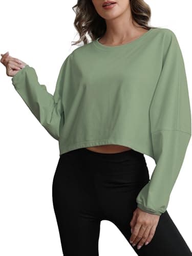 MATEAM Womens Cropped Sweatshirt Loose Fit Workout Tops - Crewneck Pullover Long Sleeve Casual Fashion Sweaters for Yoga Gym Fitness Grey Green L - Image 1