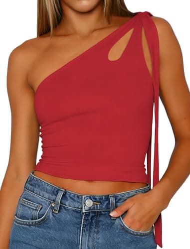 Matunana Womens One Shoulder Tops, Going Out Crop Y2k Cute Tank Top, 2026 Summer Shirt Trendy Outfits Red M - Image 1