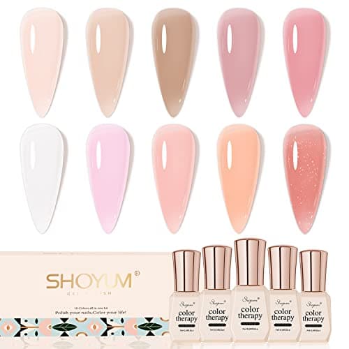 SHOYUM Jelly Pink Gel Nail Polish Set, 10 Colors Spring Summer Nude Kit Milky White Natural Gel, Soak Off LED DIY Art Salon Manicure Gifts for Girls. - Image 1