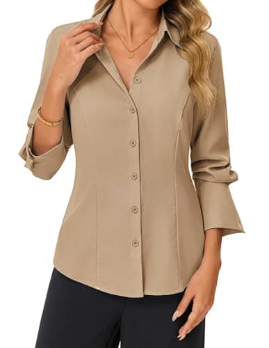 GRACE KARIN Womens Button Down Shirts,Long Sleeve Collared Dress Shirt,Wrinkle-Free Work Blouse Office Tops Khaki XL - Image 1