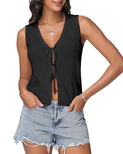 IEEILULU Women Sleeveless Knit Vest Striped V Neck Tie Front Sweater Vests Y2k Crochet Tank Tops for Going Out Beach Vacation (Black, L) - Image 1