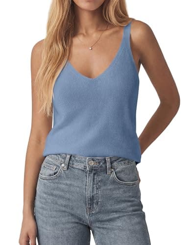 KIRUNDO Sweater Tank Tops for Women Sleeveless V Neck Ribbed Knit Vest Top Camisole 2026 Summer Outfits Fashion Clothing(Dusty Blue, X-Large) - Image 1