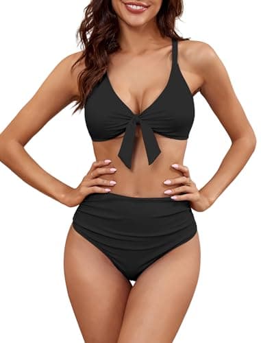 ZAFUL High Waisted Bikini Sets for Women Tummy Control Swimsuits Tie Knot High Rise 2025 Two Piece Bathing Suits (Medium, Black) - Image 1
