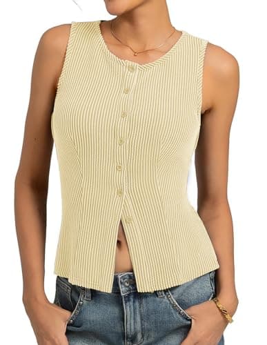 Kate Kasin Women Button Up Sleeveless Tops, Ribbed Tank Top Trendy, Summer Going Out Sweater Vest Lightweight Apricot 2XL - Image 1