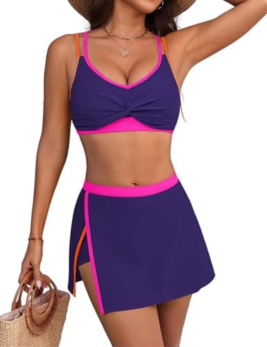 Hanna Nikole Women's High Waisted Bikini Sets Neon 2 Piece Swimsuit 2026 Tummy Control Bathing Suit with Skirt Sporty Swimwear Navy S - Image 1