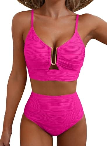 Herseas Metal U-Wired Bikini Set Spaghetti Straps Beautiful Bathing Suit High Cut Out 2 Piece Popular Swimsuit Cutout Beach Fashion Outfits Curvy Swimwear Rose Red X-Small - Image 1
