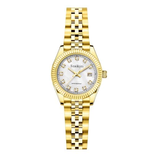 Szaikyri Classic Watch for Women with Solid Stainless Steel Band and Calendar(Gold White) - Image 1