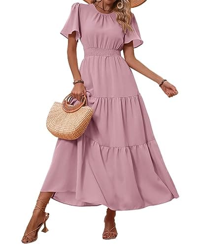 PRETTYGARDEN Women's Summer Casual Short Flutter Sleeve Round Neck Smocked Waist Tiered Boho Floral Flowy Maxi Dress(Solid Pink,Large) - Image 1
