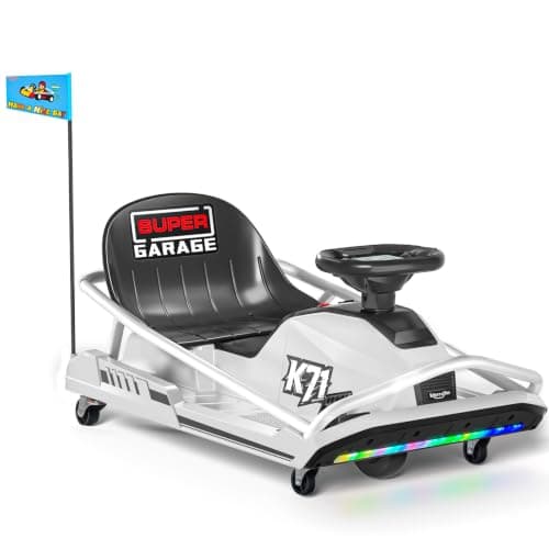 KerryYoo K71 24V7AH Electric Drift Kart for Kids Ages 6-12, 300W Brushless Motor Go Kart with 12 MPH Max Speed, High/Low Speed Modes, 360° Drift Ride On Crazy Kart, 130 lbs Capacity - White - Image 1