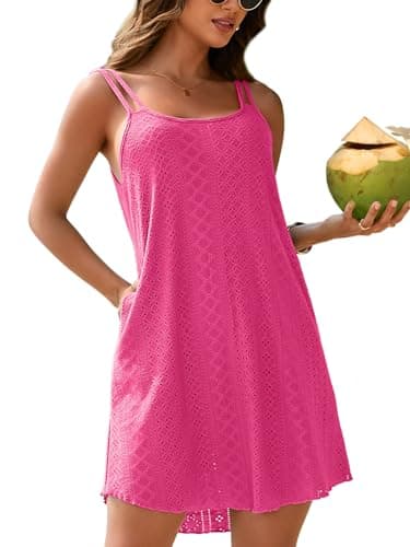 Charmo Hollow out Swimsuit Coverup for Women Double Straps Swimwear Coverup Beach Cover up Summer Dress Casual Sundresses Rose Pink XL - Image 1