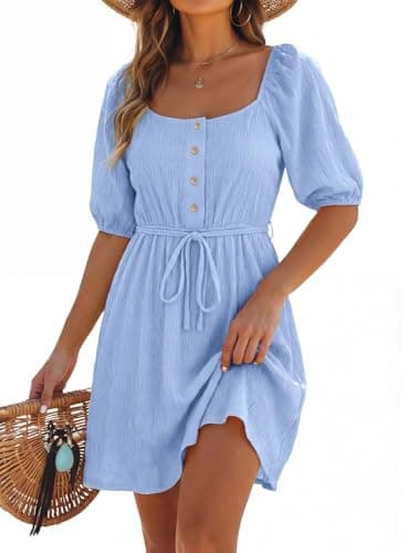 Dokotoo Sun Dresses for Women Casual Square Neck Sexy Dresses 2026 Fashion Texture Vacation Dress Short Sleeve Button Empire Waist Backless A Line Sky Blue Boho Dress XX-Large - Image 1