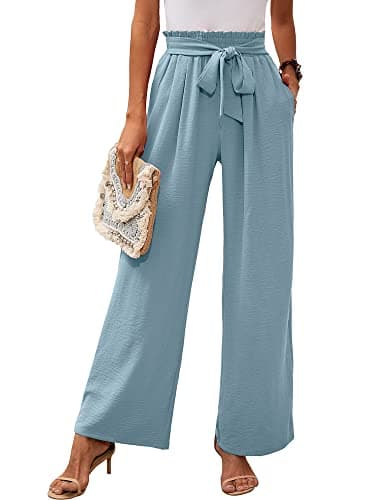 Heymoments Women's Wide Leg Lounge Pants with Pockets Blue Gray XX-Large Lightweight High Waisted Adjustable Tie Knot Loose Comfy Casual Trousers - Image 1