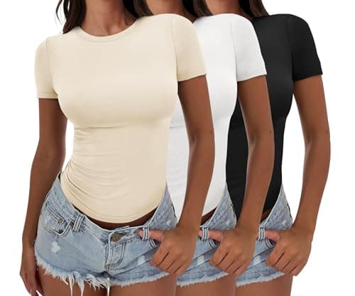 ANRABESS Women’s 3 Pack Short Sleeve Shirts 2026 Crop Tops Tight Fitted Basic Tees Workout T Shirts Y2k Clothes Summer Outfit Black White Apricot X-Small - Image 1