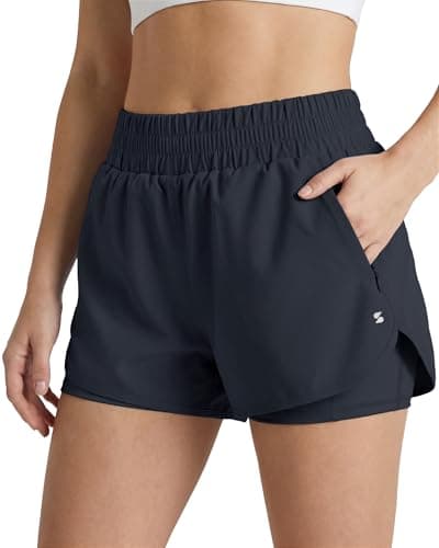 Stelle 2 in 1 Womens Running Shorts High Waisted Athletic Workout Gym Short with Zip Pockets (Navy,S)