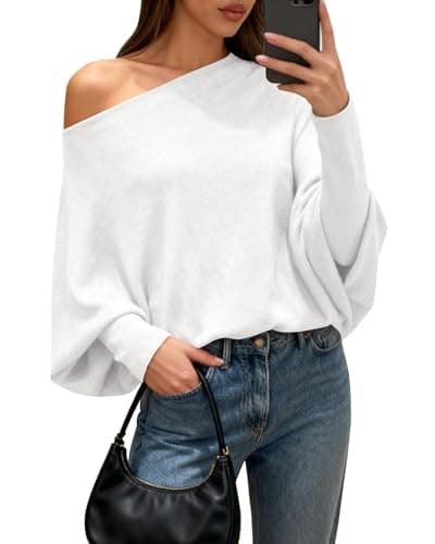 BTFBM Casual Fall Sweaters for Women 2026 Long Batwing Sleeve Ribbed Knit Tops Pullover Loose Off The Shoulder Sweater(White,X-Large) - Image 1