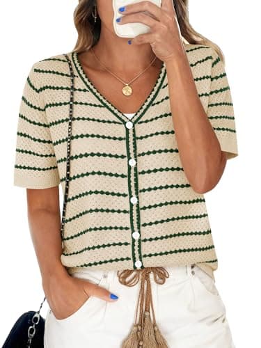 COCCKO Womens V Neck Summer Striped Cardigan Puff Sleeve Ruffle Lightweight Knit Sweaters Open Front Button Down Tops Khaki M - Image 1