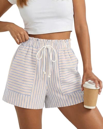 BTFBM Striped Summer Shorts for Women 2026 Loose Spring Casual Elastic Waist Lounge Resort Wear Vacation Beach Shorts(Beige, Large) - Image 1