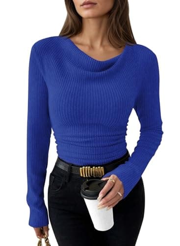Pink Queen Spring Tops for Women Long Sleeve Cowl Neck Ruched Tight Shirts for Work Office Dark Blue S - Image 1