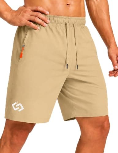 Men's 7" Athletic Gym Shorts with Zipper Pockets, Quick Dry, Light Khaki - Image 1