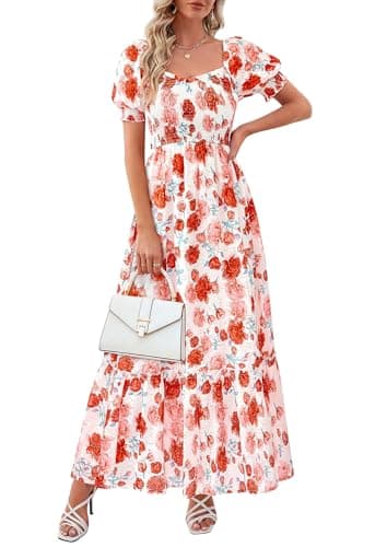 PRETTYGARDEN Women's Floral Boho Maxi Dresses Flowy Short Sleeve A Line Smocked Eyelet 2026 Summer Beach Vacation Clothes (Floral Orange Red,Large) - Image 1