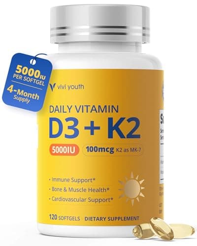 VIVI Youth Vitamin D3 K2 Supplement, Vitamin D3 5000 IU & K2 as MK-7 100 mcg with Sunflower Seed Oil High Absorption Softgels, Calcium Support for Bone, Immune & Cardiovascular Health - 120 Servings - Image 1