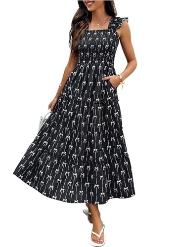 ECOWISH Women's Summer Maxi Dress 2026 Casual Sleeveless Square Neck Smocked Ruffle Bow Tiered Flowy A Line Beach Sundress Black Large - Image 1