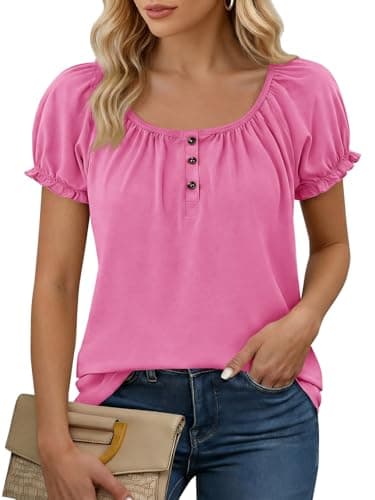 Tankaneo Womens Short Sleeve Shirts Puff Ruffle Sleeve Scoop Neck Pleated Tops Summer Casual Loose Fit Henley Shirt Pink - Image 1