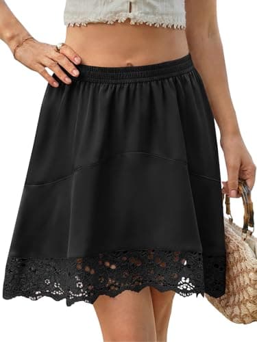 Yousify Womens Summer Mini Skirts Y2K Lace Trim Skirt Casual High Waisted Satin Silk Flowy Going Out Beach Short Skirt Black - Image 1