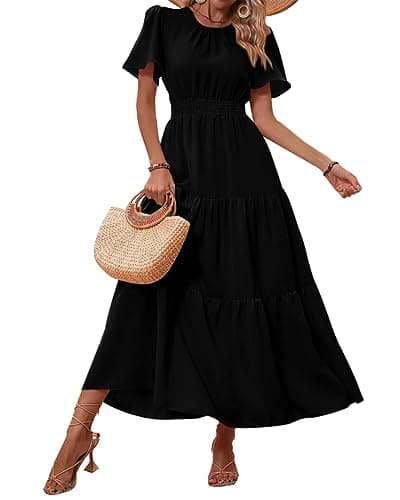 PRETTYGARDEN Women's Summer Casual Short Flutter Sleeve Round Neck Smocked Waist Tiered Boho Floral Flowy Maxi Dress(Solid Black,Medium) - Image 1
