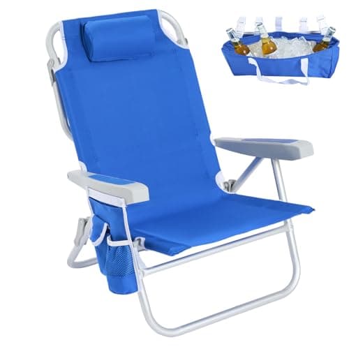SUNNYFEEL Low Beach Chair, 5-Position Lay Flat Reclining, Backpack Portable Folding Chair with Cooler Bag & Cup Holder, Heavy Duty 350 LBS, Compact for Beach, Camping, Travel (New Blue) - Image 1