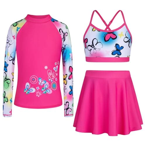 Seanrui Girls' Swimwear Size 8 Long Sleeve Bathing Suit for Kids Rash Guard Swim Top with Shorts Pink Butterfly - Image 1