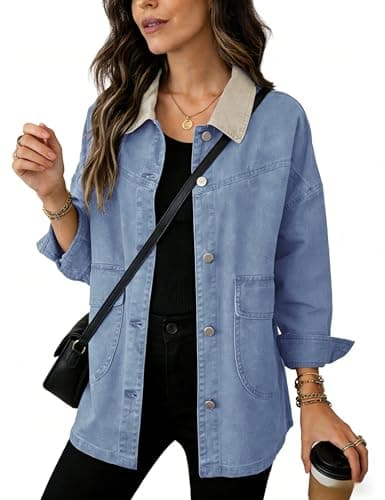 Yeokou Women's Oversized Contrast Collar Denim Barn Jacket Button Down Big Pockets Spring Fall Transitional Outfits(LightBlue-XL) - Image 1
